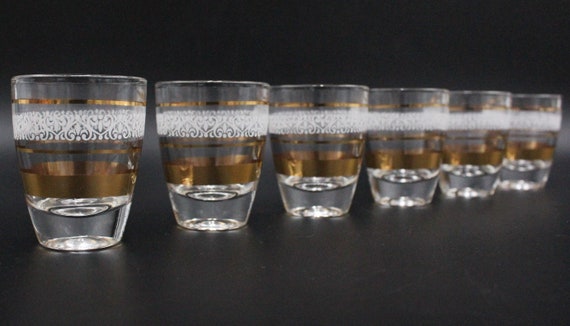 6 Vintage French liqueur glasses with white and gold patterns