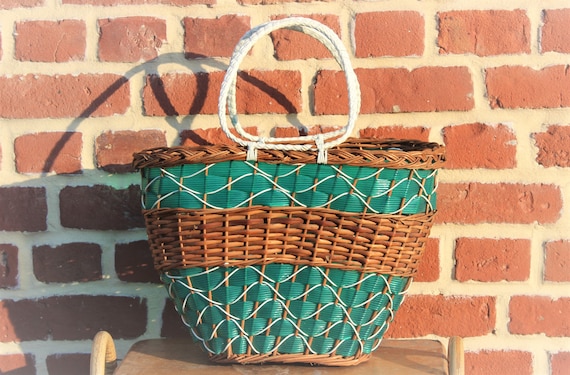 Wicker and woven plastic basket from the 1960s