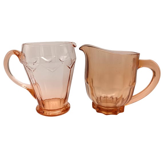 Pink glass water carafe, vintage pitcher, faceted pitcher