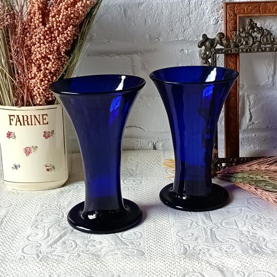 Pair of cobalt blue glass vases, mouth-blown, handcrafted