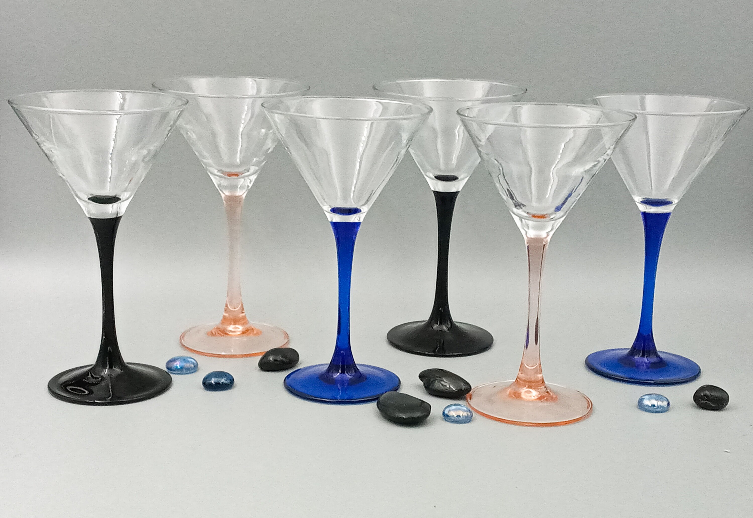 6 cocktail GLASSES black blue pink base Vintage France 1980 LUMINARC