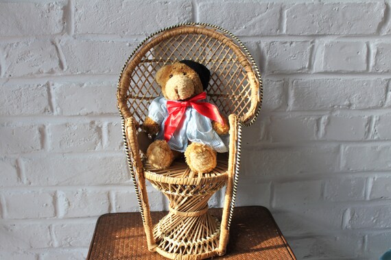 Miniature Peacock CHAIR, large rattan doll armchair, year 1970