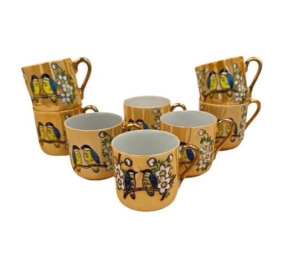 8 Vintage Fine China Bird Pattern Coffee Cups, Made in Asia Circa 1960