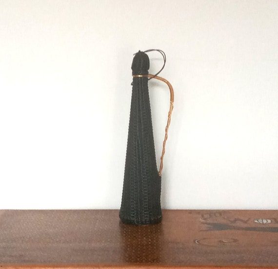 Vintage 50's black scoubidou decorated glass BOTTLE, gold metal handle
