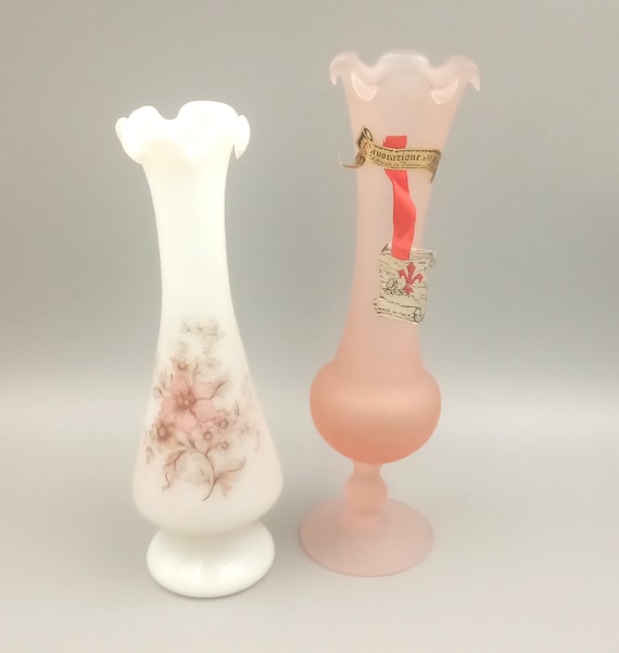 Superb pair VASE opaline pink white vintage Italy