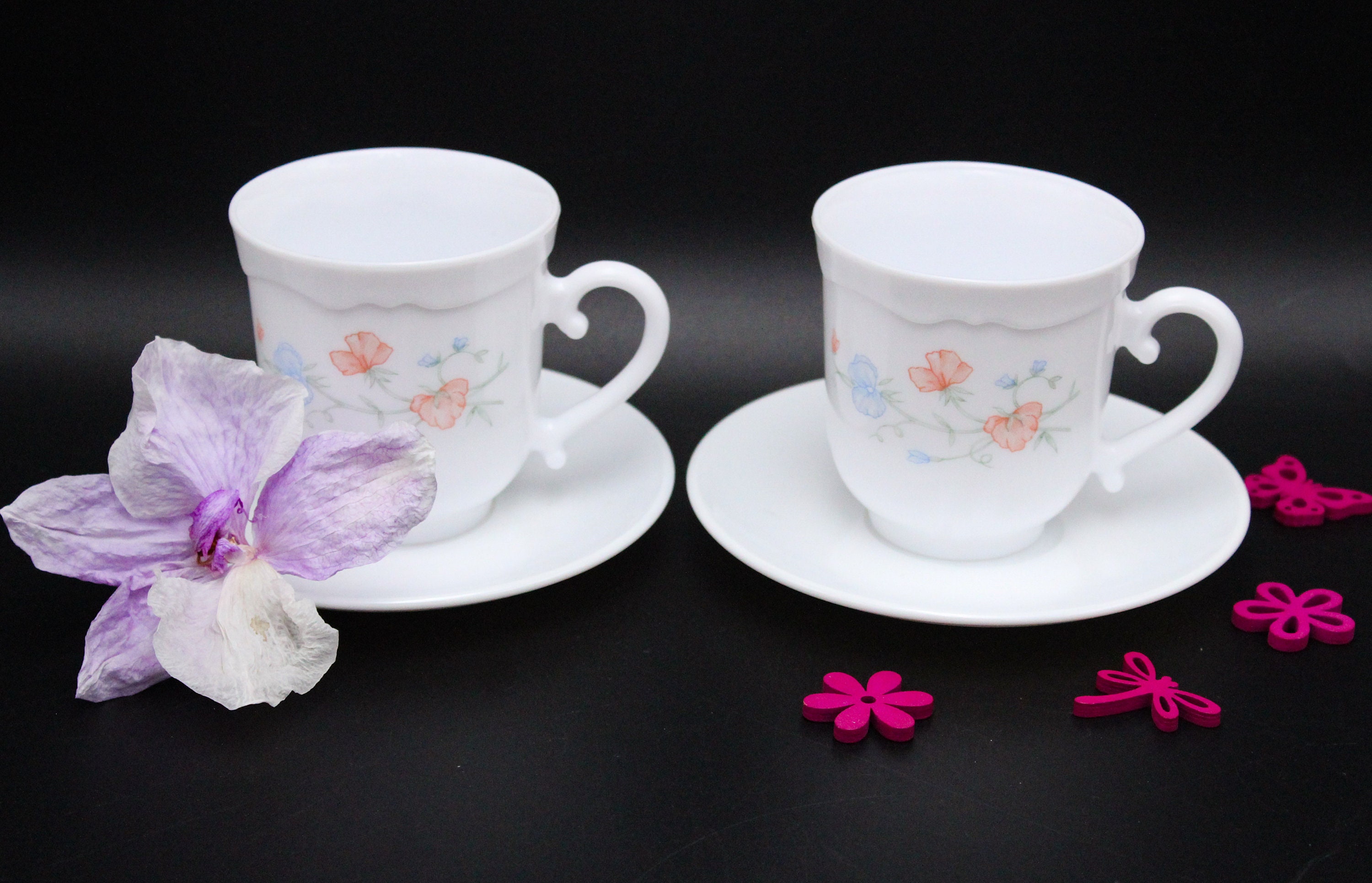 2 Grandes Tasses et Soucoupes en Verre de Lait Arcopal 1990, Rétro, Vintage, Opaline