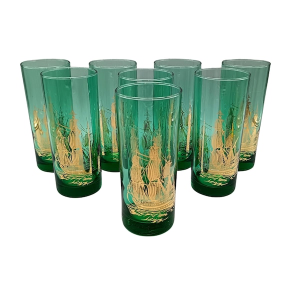 8 LONG-DRINK GLASSES emerald green and gold vintage France three-masted boat