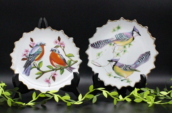Duo porcelain PLATES with vintage bird motif Korea