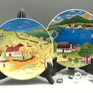 2 pretty porcelain PLATES with vintage landscape pattern, hand-painted, Korea