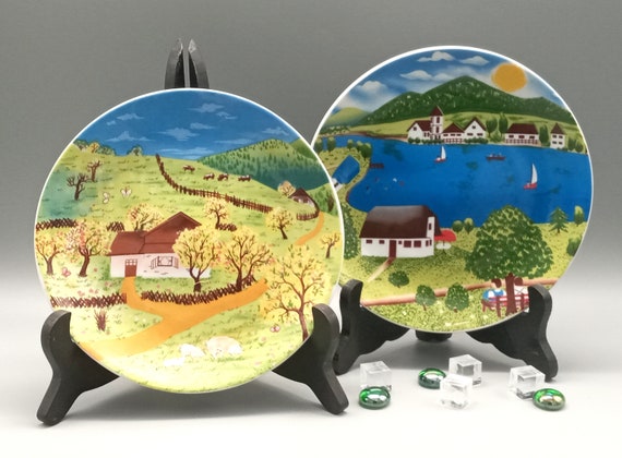 2 pretty porcelain PLATES with vintage landscape pattern, hand-painted, Korea