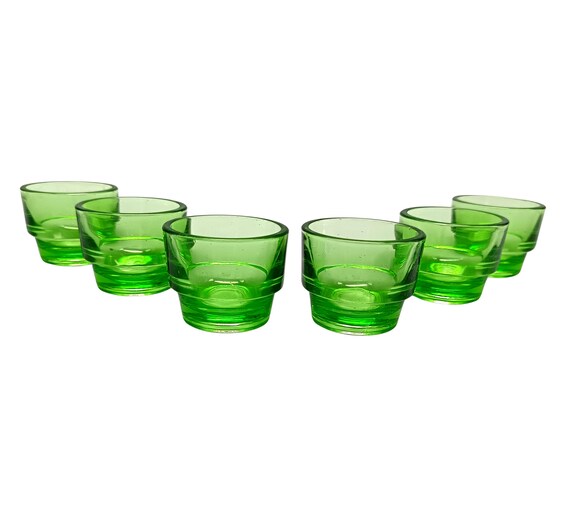 6 Vintage French Emerald Green GLASSES, Egg Cups, Liqueur