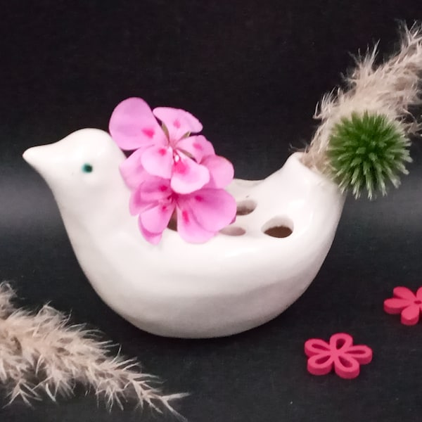 PIQUE FLEURS oiseau en céramique blanche, grenouille, vase vintage français