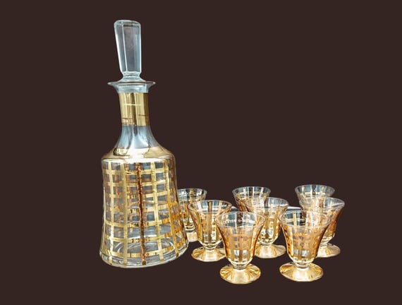 LIQUEUR SERVICE gold crystal Vannes Le Chatel, Art Deco liqueur CARAFE hand-painted gold decoration, Vannes crystal