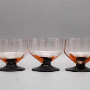 6 PINK GLASS CUPS with black foot, hand blown vintage