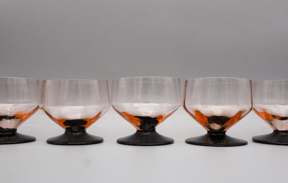 6 PINK GLASS CUPS with black foot, hand blown vintage