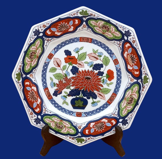 Octagonal porcelain PLATE with Asian inspiration and peony decor