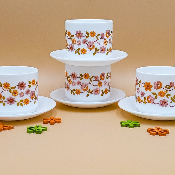 4 large CUPS Arcopal orange floral decoration France vintage, "scania" pattern