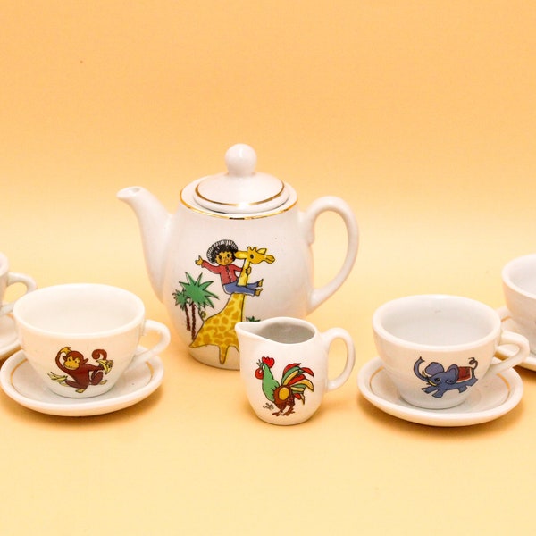 Service à CAFÉ miniature  porcelaine années 70, dînette enfant vintage décor fillette et fleurs