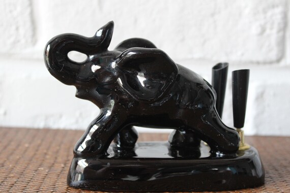 Vintage 1950 PEN HOLDER, vintage black glazed ceramic elephant figurine pen holder, unique pen holder