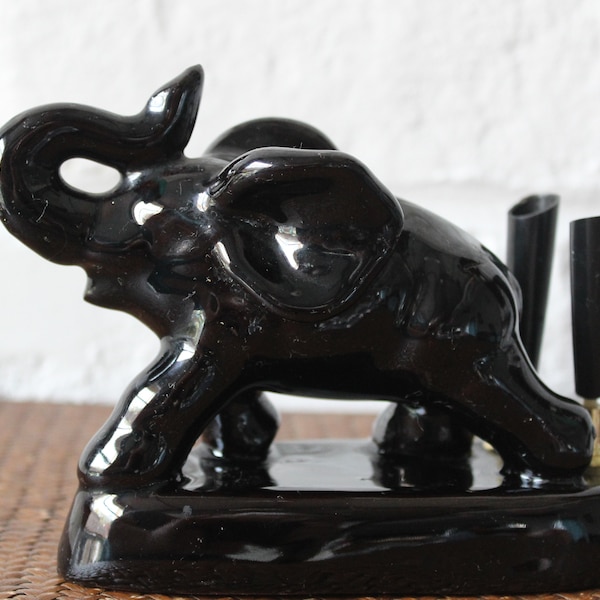 PORTE-STYLO vintage 1950, porte-stylo figurine éléphant en céramique émaillée noire vintage, porte-stylo unique