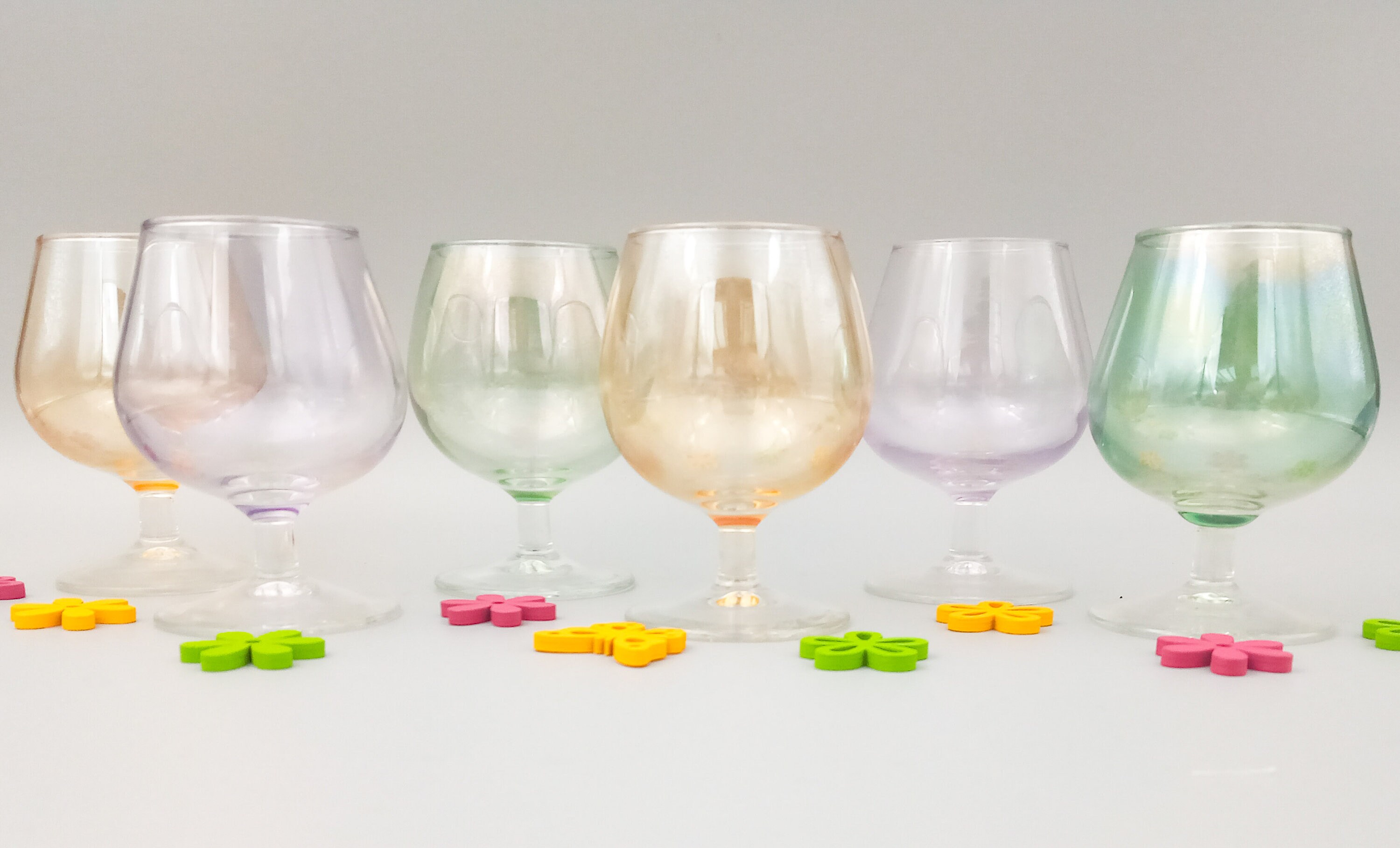 6 elegant vintage cognac glasses in multicolored crystal Arlequin France