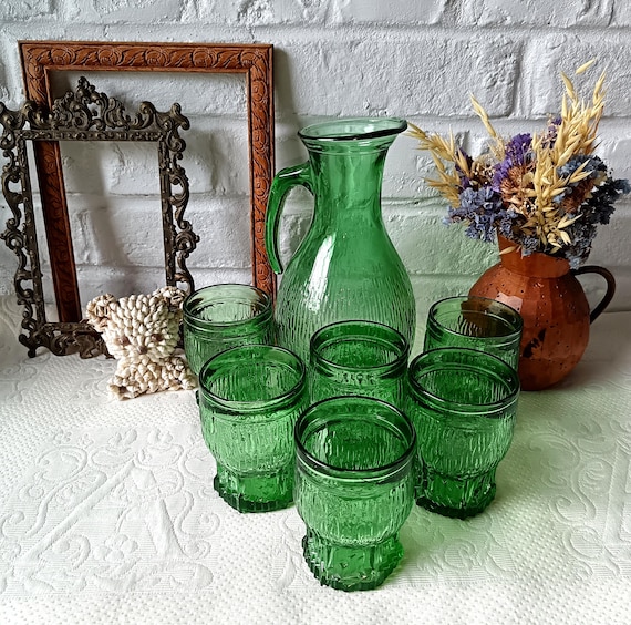 Vintage BORMIOLI green glass service, 1970s, pitcher and lemonade glasses, Italy