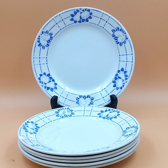 Sarreguemines dessert plates, blue and white fruit decoration