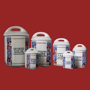 6 Art Deco YVONNE spice jars, vintage, food boxes for flour, sugar, tea