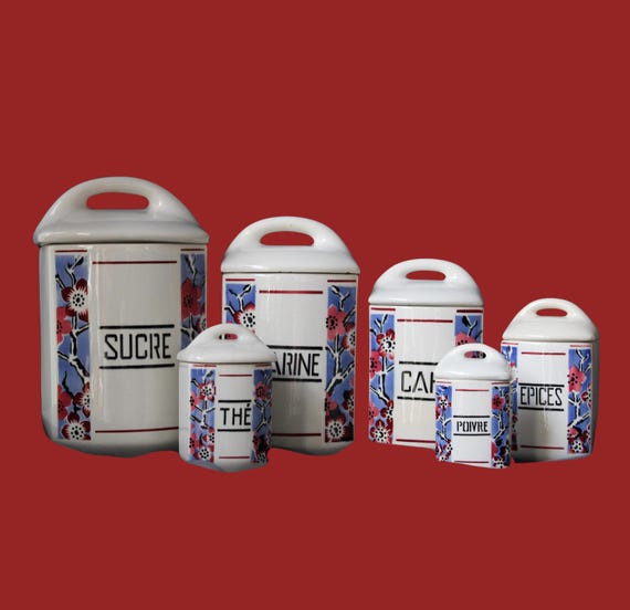 6 YVONNE Art Deco spice jars, vintage, food boxes, flour, sugar, tea