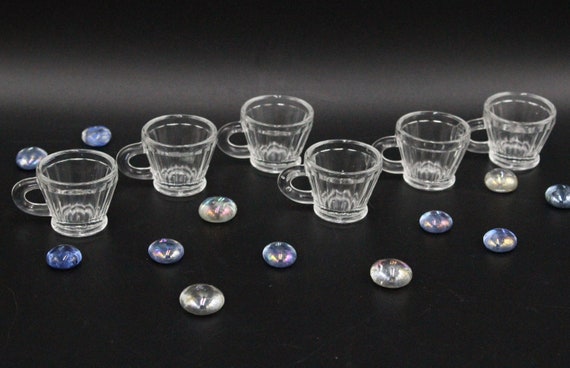 6 small vintage liqueur glasses in the shape of mini mugs