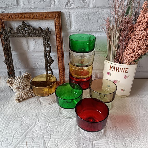 8 multicoloured stemmed cups, Cavalier Luminarc France, vintage 1970s