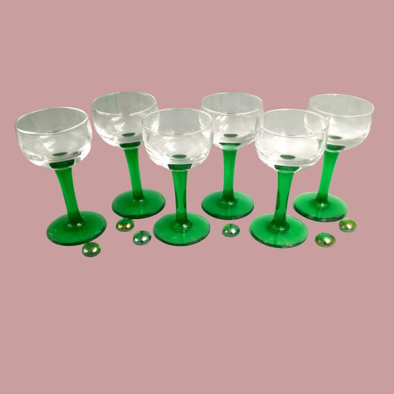 6 small vintage GLASSES emerald green column foot 6 cl
