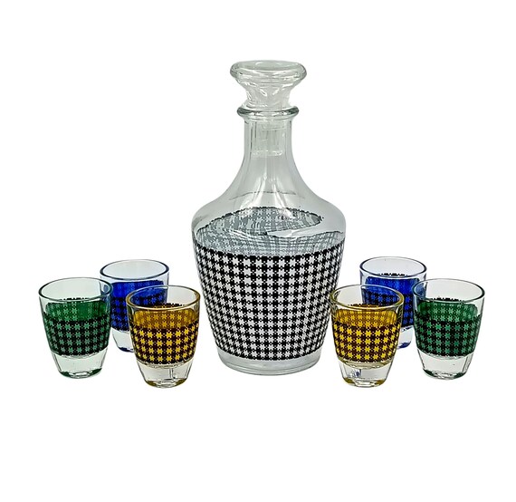 Multicolored liquor SERVICE, Carafe and glasses, decanter, houndstooth, French carafe and 6 glasses, vintage French