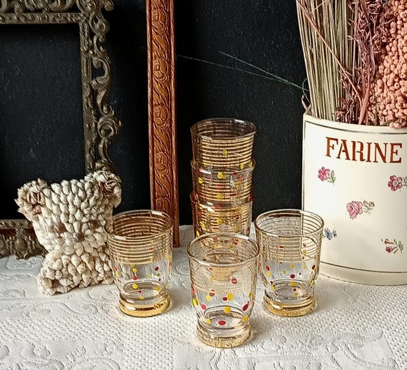 6 pretty vintage 1950s liqueur glasses, red and yellow polka dot pattern