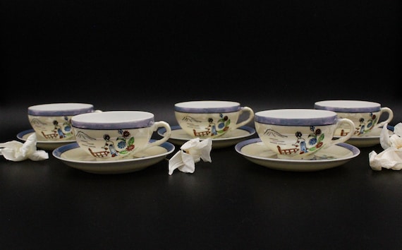 Vintage Japanese fine porcelain coffee MUGS with Geisha design, lithophane
