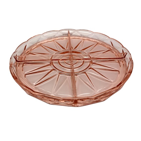 Beautiful pink DISH with 4 compartments in vintage pressed glass