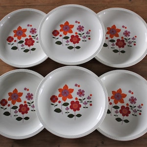 6 French earthenware flat PLATES with flower pattern, vintage ceramic tableware