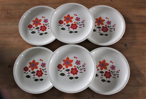 6 French earthenware flat PLATES with flower pattern, vintage ceramic tableware