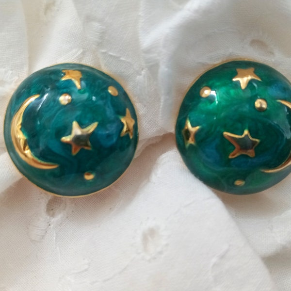 BOUCLES d'OREILLE clip rondes en métal doré, émail bleu canard motif lune étoiles