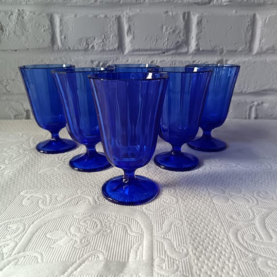 6 Vintage Cobalt Blue Colored Glass Wine Glasses