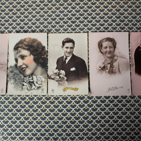 lot de 5 anciennes cartes postales de fêtes (sainte Catherine, Saint Nicolas...) des années 1940/50, homme et femme, couple (CP06)