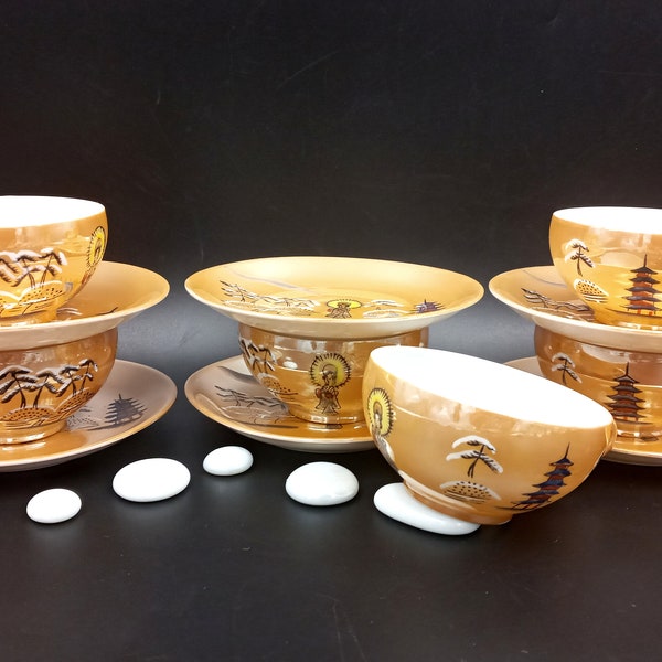 6 TASSES à café en porcelaine très fine asiatique vintage au design Geisha, années 1960