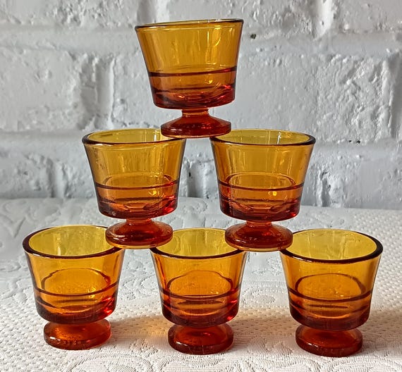 6 Duralex amber stemmed glasses, vintage French shooter