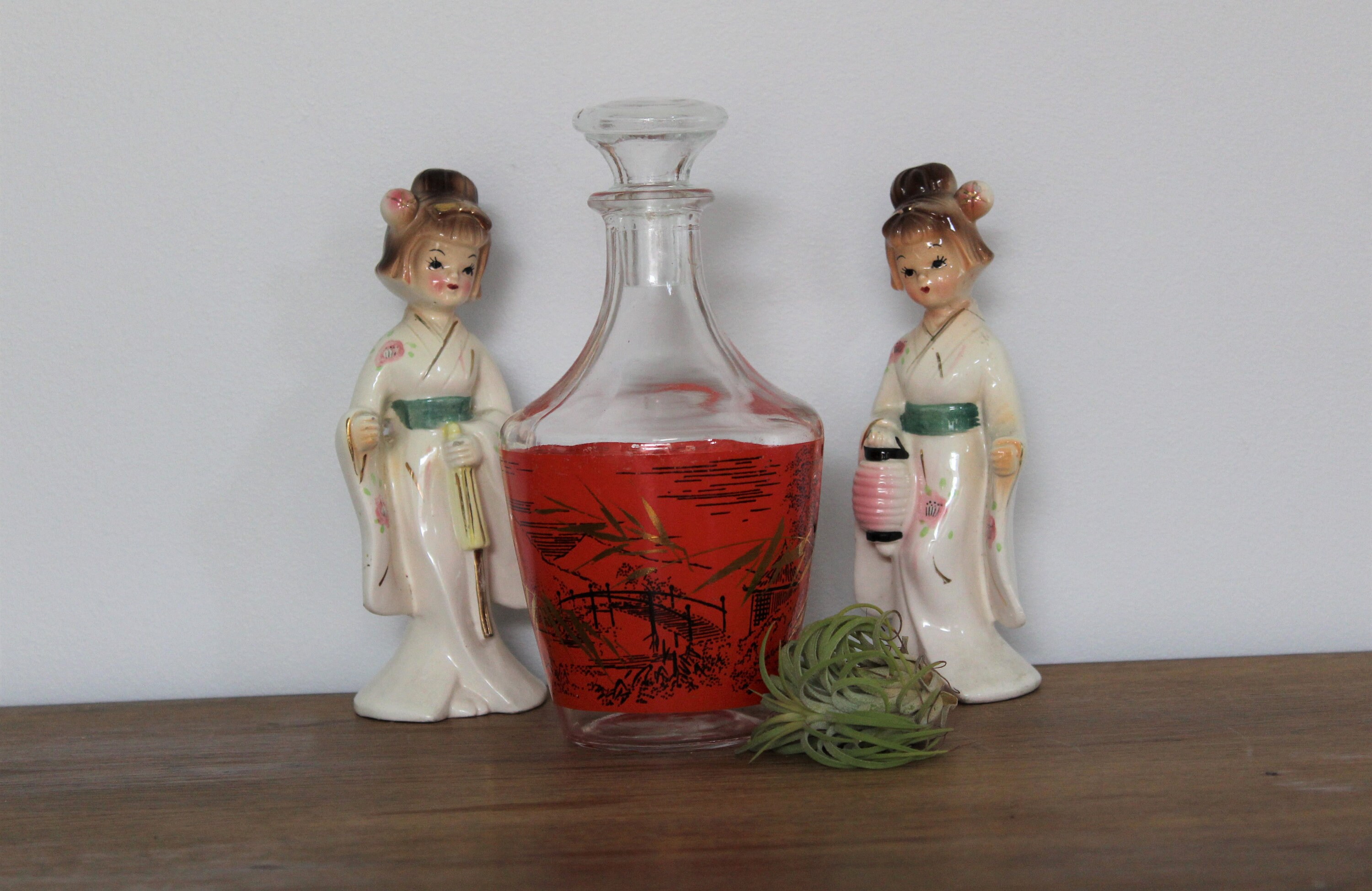 Carafe Décor Asiatique Orange, Décor Pont, Pagode, Vintage Français