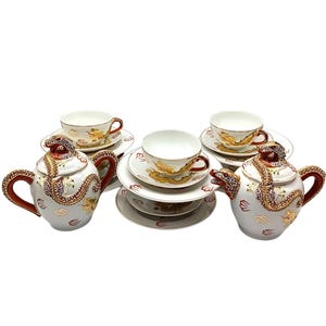 Asian TEA SERVICE in ceramic and rattan floral pattern 1970, Japanese dragon tea service, Geisha lithophane