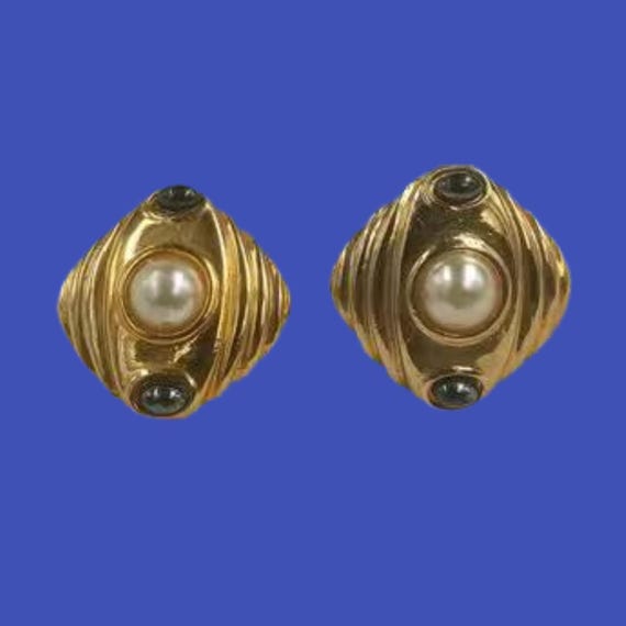 EAR CLIPS gold metal clips diamond cabochon cream gray pearl