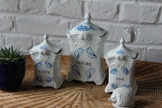 3 porcelain spice boxes with floral decor, vintage, shabby, delft