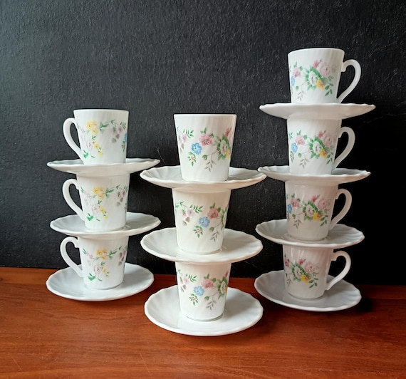 10 vintage 1980s Arcopal opaline cups and saucers