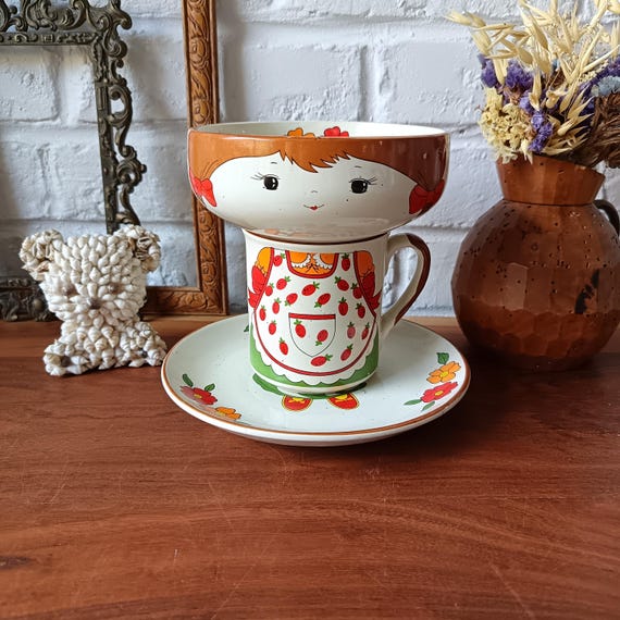 Bowl, mug, plate, girl, 1980s vintage