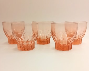 5 vasos de agua retro ROSALINE con base de estrella en vidrio rosa, vasos vintage 1950, vidrio moldeado rosa